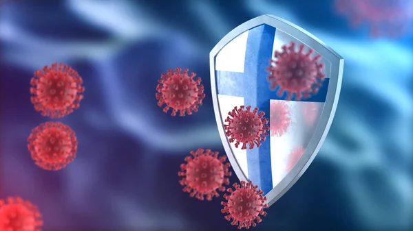 Coronavirus Sars-Cov-2 safety barrier. Steel shield painted as Finland national flag defend against cells, source of covid-19 disease. Security armor, virus protection concept. 3D rendering