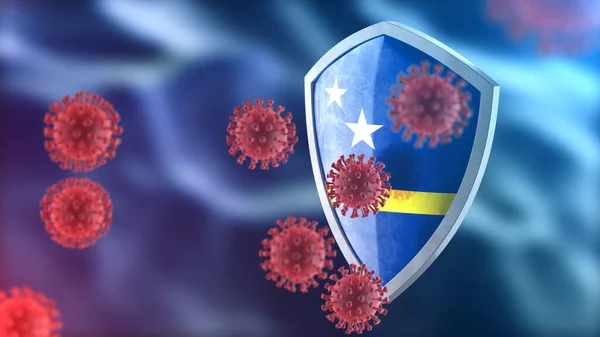 Coronavirus Sars-Cov-2 safety barrier. Steel shield painted as Curacao national flag defend against cells, source of covid-19 disease. Security armor, virus protection concept. 3D rendering