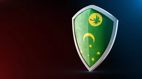 Protection shield and safeguard concept. Shiny steel armor painted as Cocos (Keeling) Islands national flag. Safety badge. Security label and Defense sign. Force and strong symbol. 3D rendering