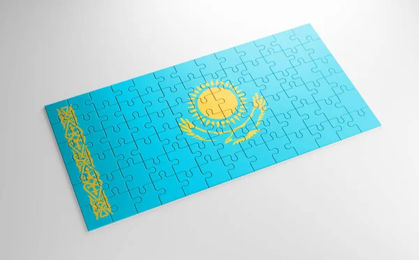 A jigsaw puzzle with a print of the flag of Kazakhstan, pieces of the puzzle isolated on white background. Fulfillment and perfection concept. Symbol of national integrity. 3D illustration.