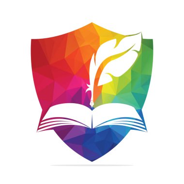 Koruyucu Yargı Kalemi Açık Kitap Üzerine Yazıyor. Karar Sertifikası ya da Polis Belge Vektörü. Kalkan Eğitim Kitabı Quill Vektör Şablonu Tasarımı.