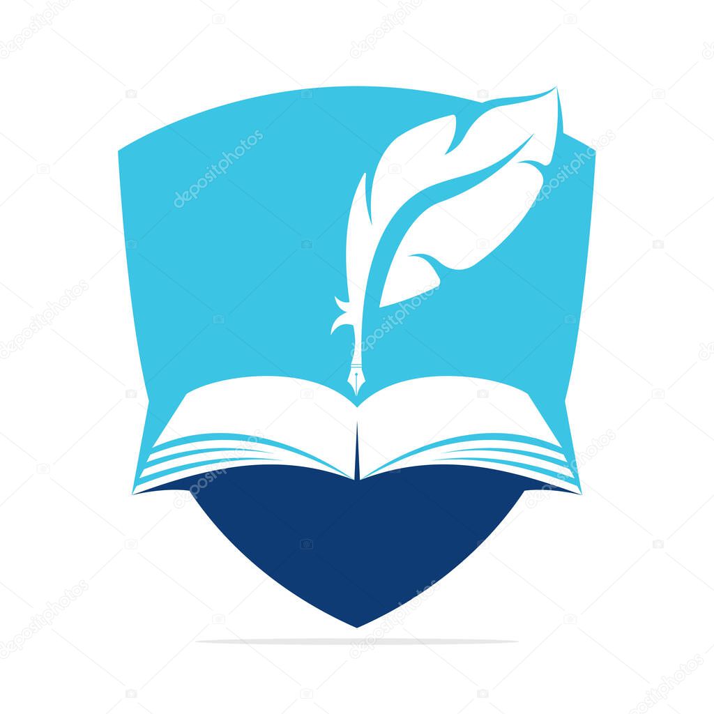 Protective Judicial Quill Writing On Open Book. Judgment Certificate Or Police Document Vector. Shield Education Book Quill Vector Template Design.