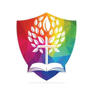 Koruyucu İncil Haç Ağacı Logosu Tasarımı. Hıristiyan Kilisesi Kalkan Şablonu Tasarımı.