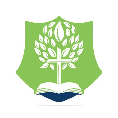 Koruyucu İncil Haç Ağacı Logosu Tasarımı. Hıristiyan Kilisesi Kalkan Şablonu Tasarımı.
