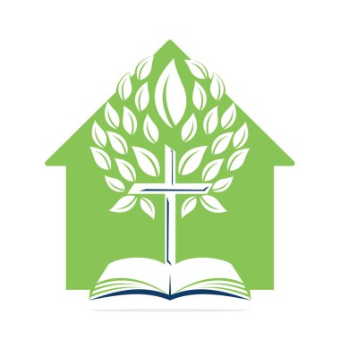 Evde kilise, İncil Haç Ağacı Logosu Tasarımı. Hıristiyan Kilisesi Çapraz Vektör Şablonu Tasarımı.