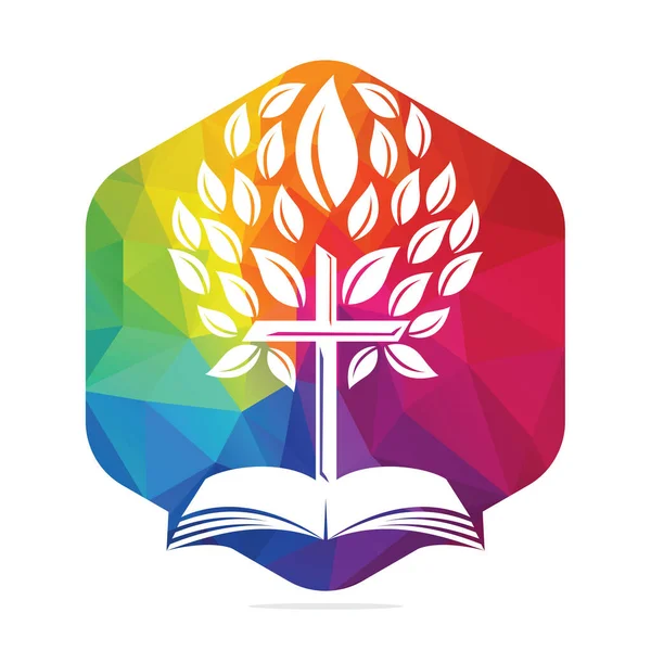 Bíblia Cruz Árvore Logo Design Igreja Cristã Árvore Cruz Vector —  Vetores de Stock
