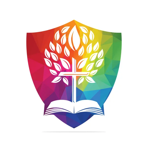 Design Logo Biblic Protecție Cross Tree Christian Church Shield Vector — Vector de stoc