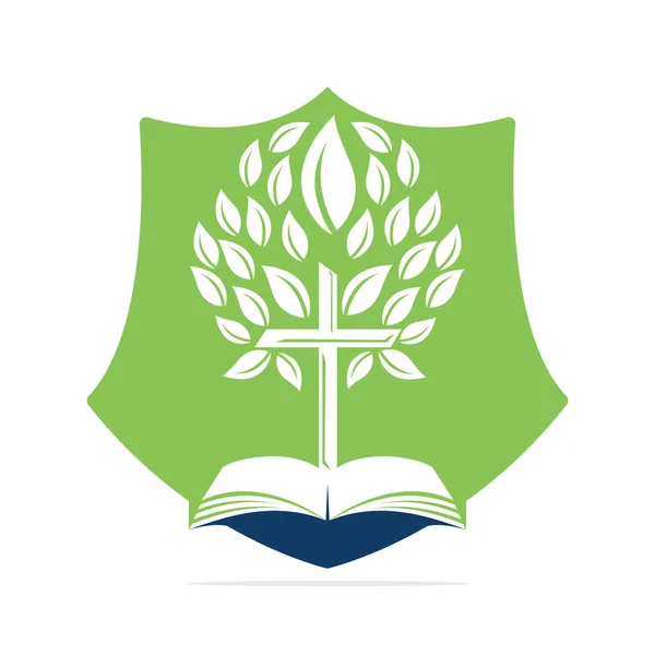 Bíblia Protetora Cruz Árvore Logo Design Igreja Cristã Escudo Vector —  Vetores de Stock