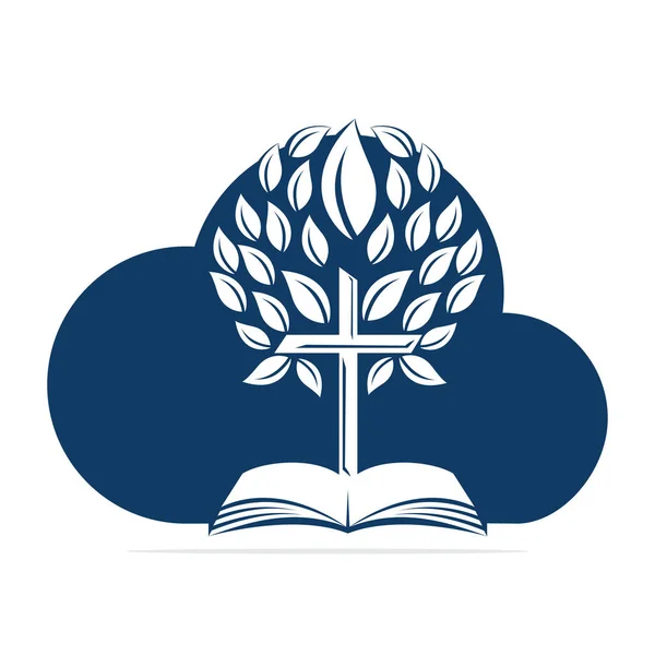 Σύννεφο Βιβλίο Σταυρός Δέντρο Σχεδιασμός Λογότυπο Χριστιανική Εκκλησία Δέντρο Σταυρό — Διανυσματικό Αρχείο