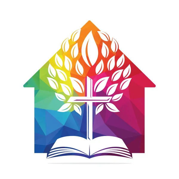 Evde Kilise Ncil Haç Ağacı Logosu Tasarımı Hıristiyan Kilisesi Çapraz — Stok Vektör