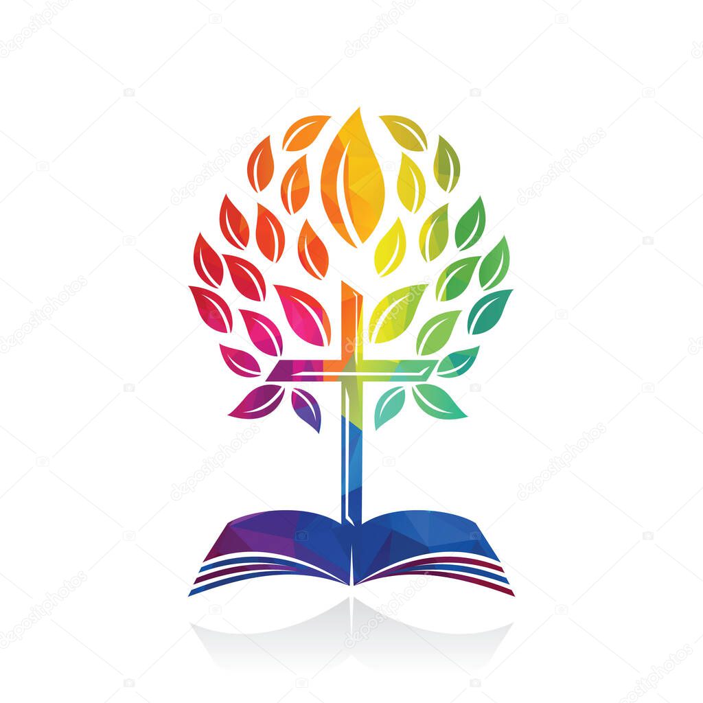 Bible Cross Tree Logo Design. Christian Church Tree Cross Vector Template Design.