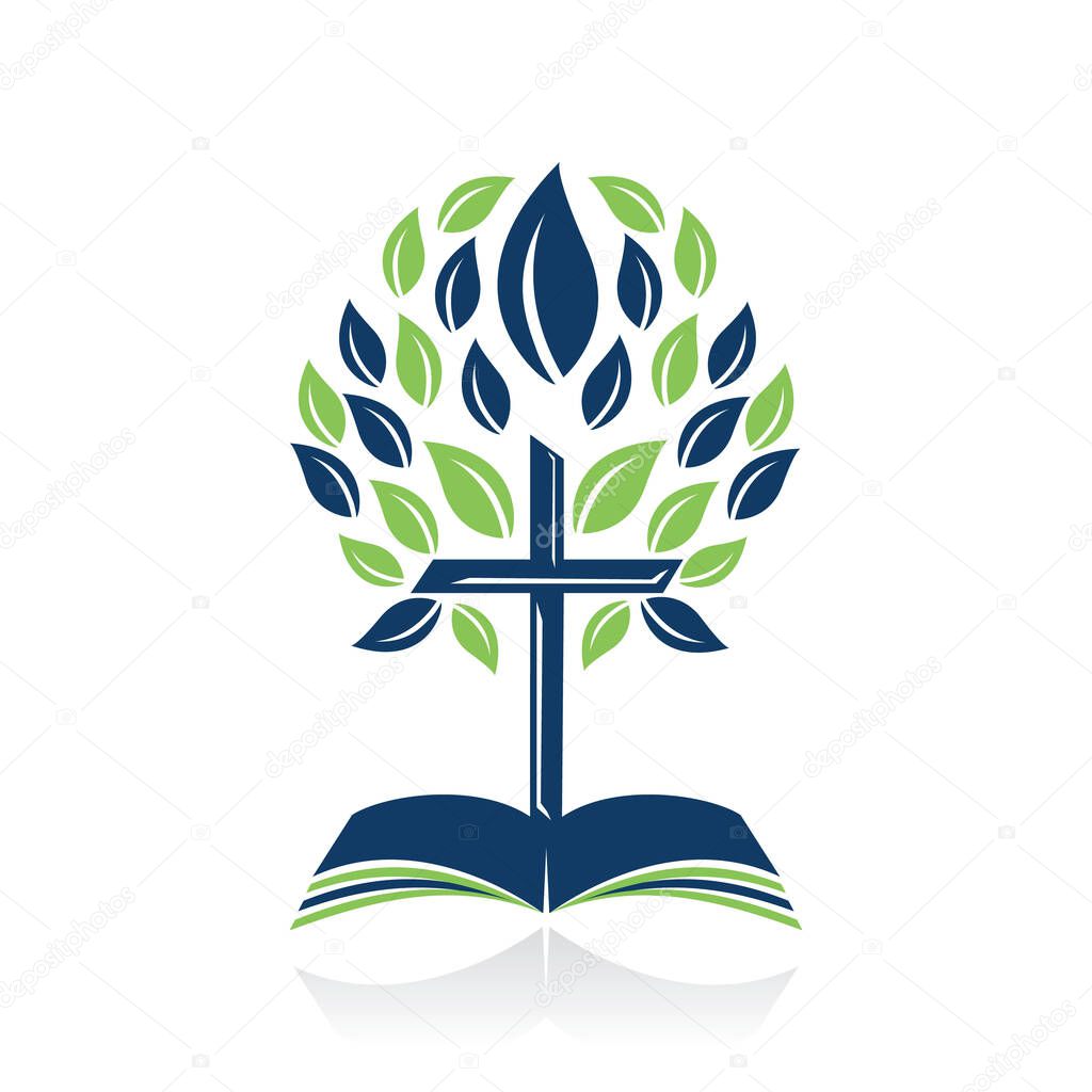 Bible Cross Tree Logo Design. Christian Church Tree Cross Vector Template Design.