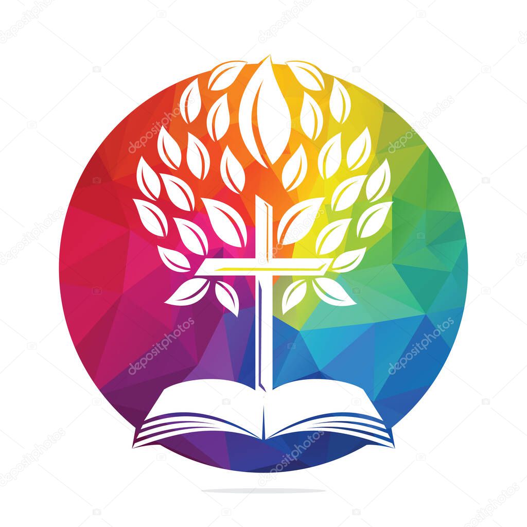 Bible Cross Tree Logo Design. Christian Church Tree Cross Vector Template Design.