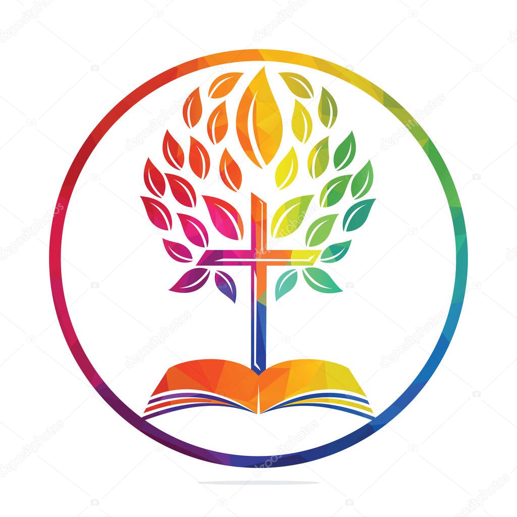 Bible Cross Tree Logo Design. Christian Church Tree Cross Vector Template Design.