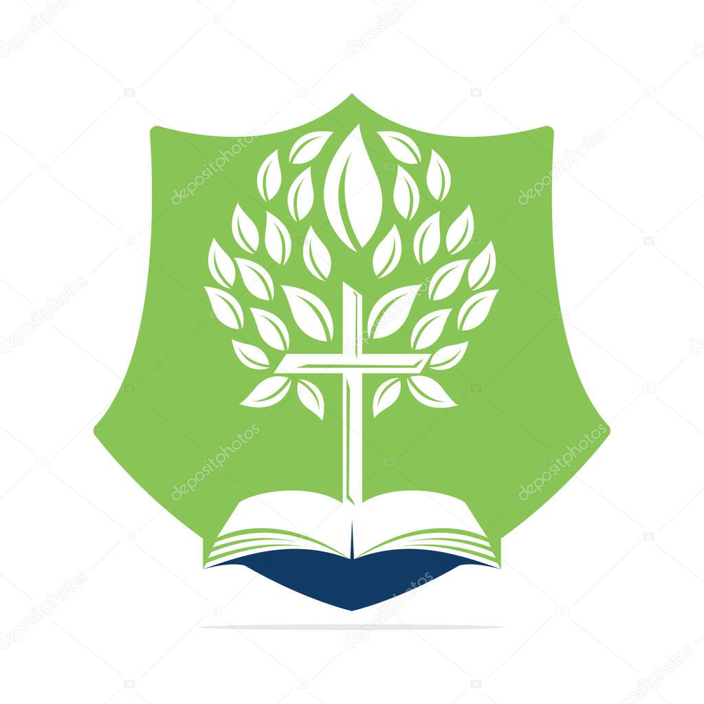 Protective Bible Cross Tree Logo Design. Christian Church Shield Vector Template Design.