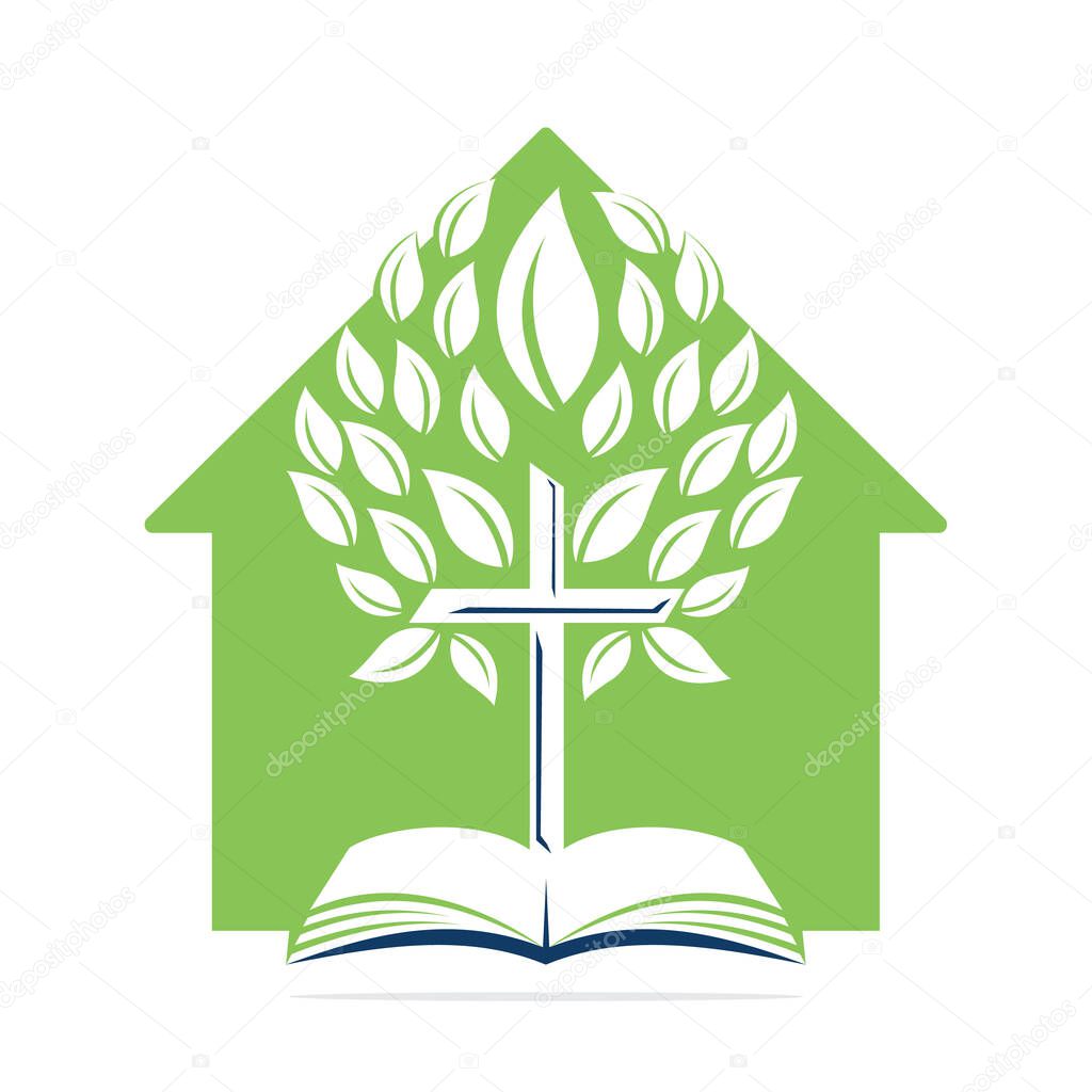 Church In Home, Bible Cross Tree Logo Design. Christian Church Tree Cross Vector Template Design.