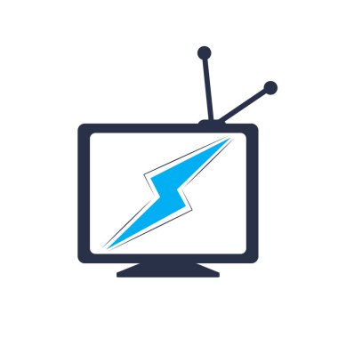 Yıldırım ya da elektrik ikonu retro televizyon setinde. Güç TV Logosu Simgesi Tasarımı