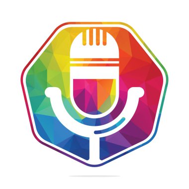 Podcast logo tasarımı. Yayın simgesi tasarımlı stüdyo masası mikrofonu.