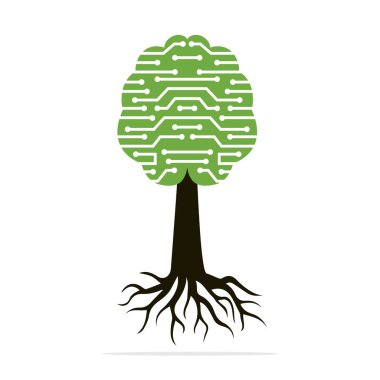Dijital beyin ağacı kökü logosu tasarımı. Dijital ve Ağ, Teknoloji logosu.
