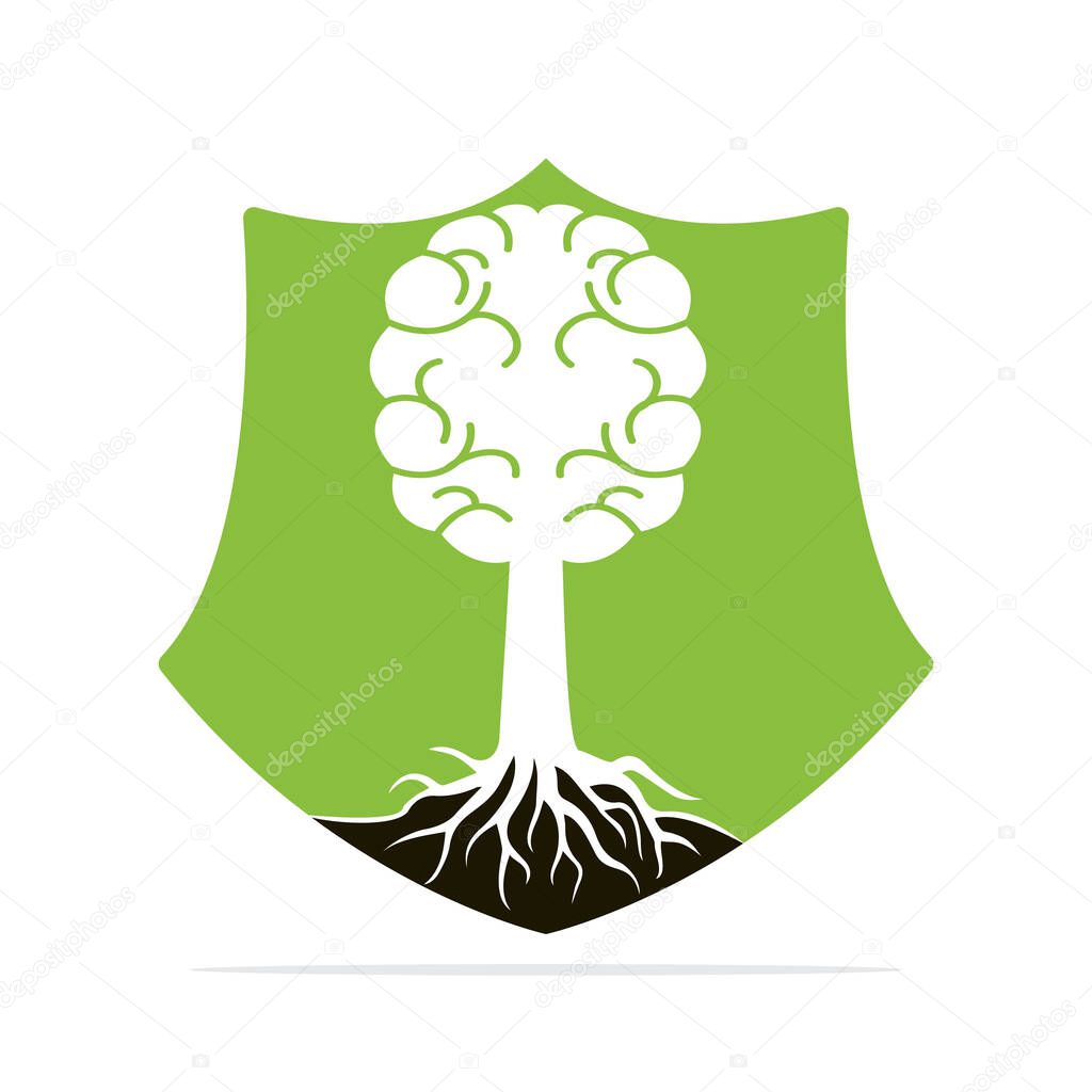 Protective Brain tree roots concept design. Tree growing in the shape of a human brain and shield.