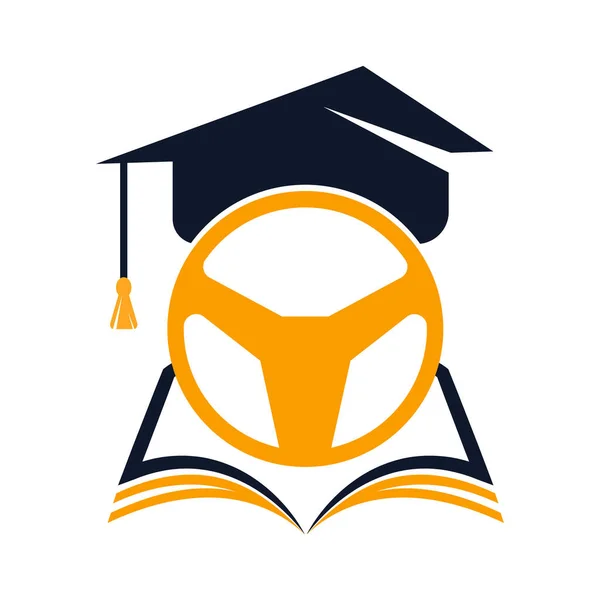 Sürücü Okulu Logo Şablonu Tasarımı. Mezuniyet şapkası ve kitap simgesi olan direksiyon simidi.