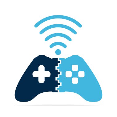 joystick ve wifi logo kombinasyonu. kablosuz oyun logosu tasarımı.