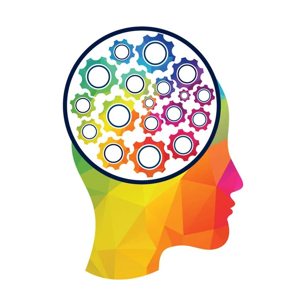 Teknoloji İnsan Baş Logosu Tasarımı. Dijital kadın beyin şekli, çarklar, fikir geliştirme dehası..