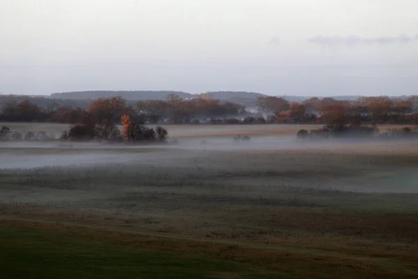 Herfstlandschap Litouwen Vroege Ochtend Met Weiden Mist — Stockfoto