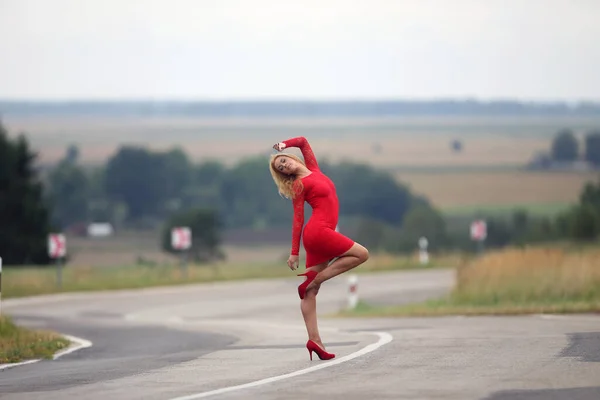 Sexy Young Woman Red Dress Knee Bend — Stock Photo, Image