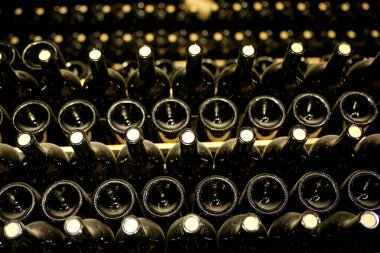 Bodrum katında bir sürü tozlu şarap şişesi var. Köpüklü şarap üretim teknolojisi. Arjantin