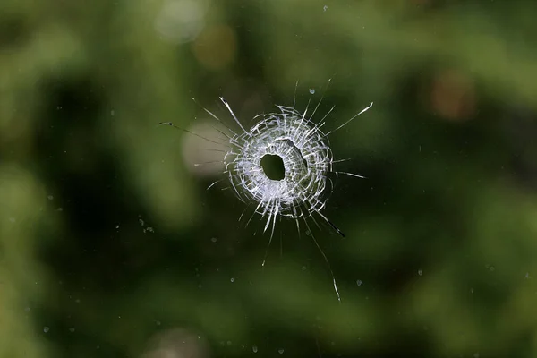 A shot from a firearm, a bullet-pierced room window