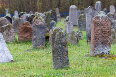 Kdainiai, Litvanya 28 Ekim 2025: Birçok yıpranmış taş mezar taşı yosun ve liken kaplı eski Yahudi mezarlığı. Bölgedeki Yahudi cemaatinin anılarını ve tarihini temsil eden tarihi bir kültür mirası..