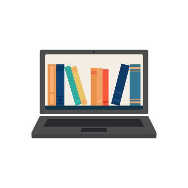 İnternetteki kütüphane. Dizüstü bilgisayardaki kitaplar. Düz vektör illüstrasyonu