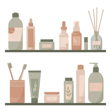 Kozmetik şampuanlı raflar, yağlar, losyonlar, sıvı sabunlar ve diş fırçaları. Tuvalette. Vektör illüstrasyonu