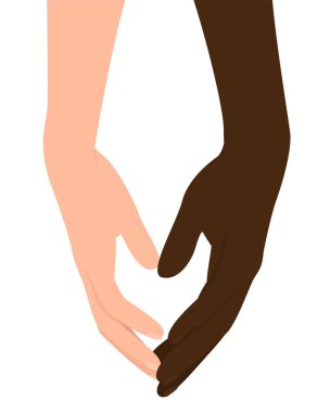 İki el, koyu tenli ve beyaz tenli izole edilmiş beyaz bir arka plan. Irkçılık yok. Kardeşliğin sembolü olarak iki el. Vektör düz resimleme