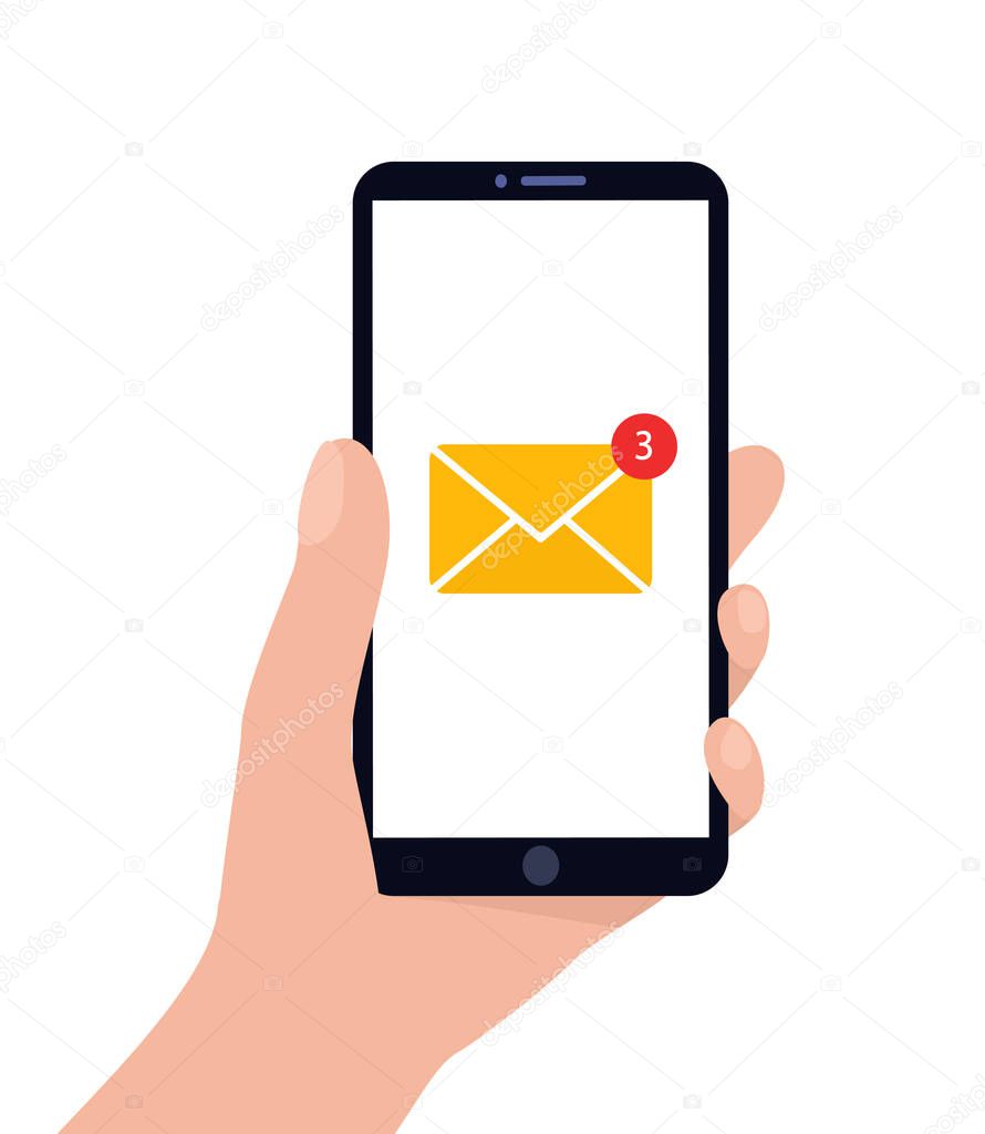Smartphone in hand with mail icon. Three unread messages. Email application concept. Vector flat illustration