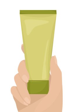 Elinizde besleyici bir krem tüpü var. Yüz ve vücut derisi için krem. Deri bakımı ve kozmetik konsepti. Vektör düz resimleme.