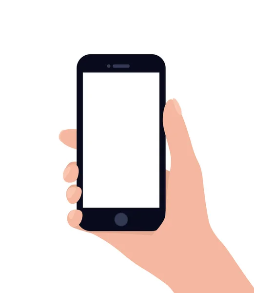 Hand holding a smartphone on a white background. Template. Flat vector illustration — Stock Vector
