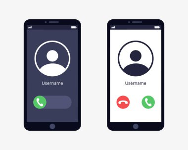 Arama ekranı akıllı telefona yüklendi. Kabul düğmesi, ret düğmesi. Gelen arama. Düz vektör illüstrasyonu