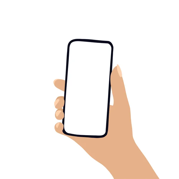 Telefon v ruce na izolovaném bílém pozadí. Vzorek. Vektorový ručně kreslený obrázek — Stockový vektor