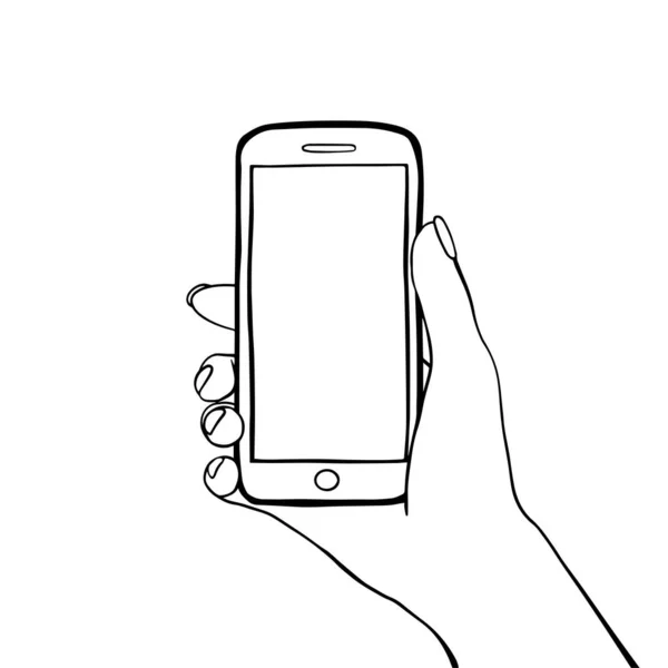 Phone in hand on an isolated white background. Vector illustration hand drawn sketch — Stock Vector