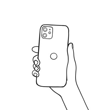 Telefonun arkasında izole edilmiş beyaz bir arka plan var. Vektör illüstrasyon el çizimi