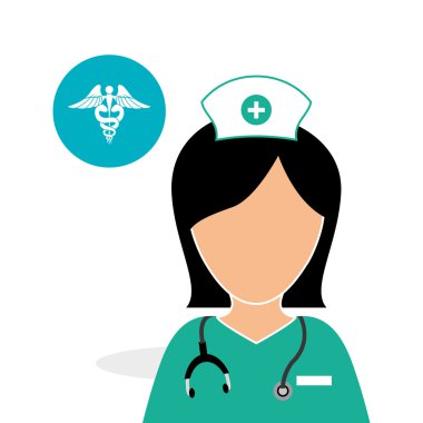 Tıbbi bakım tasarım. Hemşire simgesi. Beyaz arka plan, izole kötü