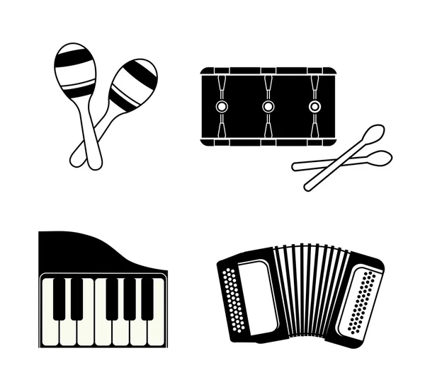 Harmonika, maraca, zongora és dob ikon. Zenei hangszer. Vektor — Stock Vector