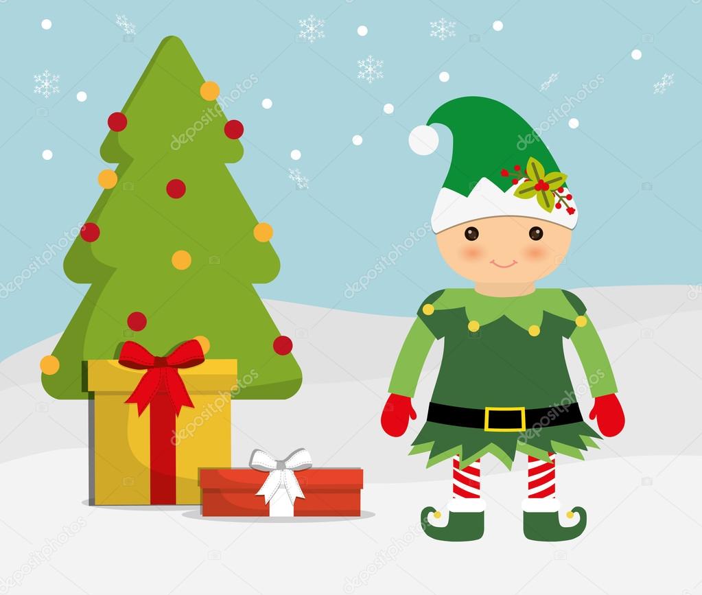 Merry Christmas holidays concept represented by elf cartoon and pine tree icon over flat and isolated background — Wektor od djv