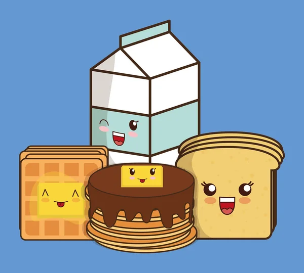 Diseño de desayuno. Panqueque Kawaii e icono de la leche. Gráfico vectorial — Vector de stock