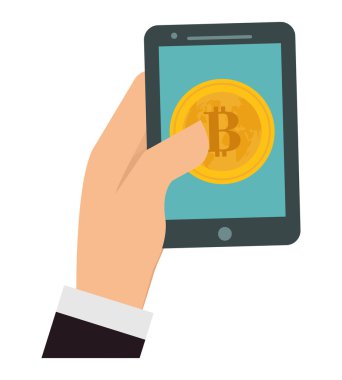 Sikke ve akıllı telefon simgesi. Bitcoin tasarım. vektör grafiği
