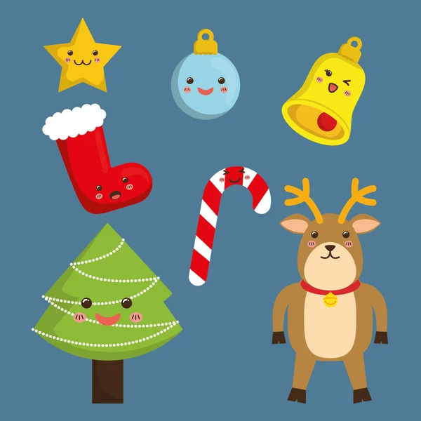 Kawaii Icon Set. Frohe Weihnachten. Vektorgrafik — Stockvektor