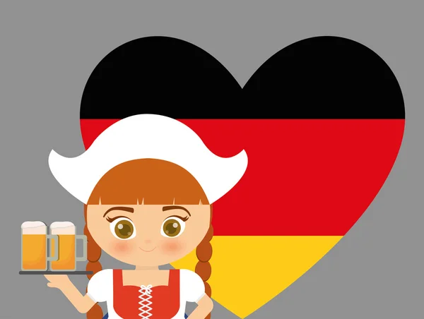 Cerveza Oktoberfest bandera niña icono de traje de dibujos animados. Alemania. Vector — Vector de stock