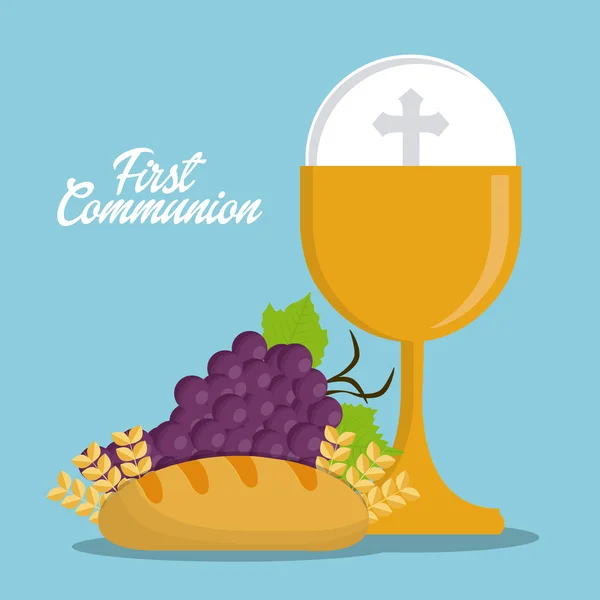 Beker brood druiven gouden religie pictogram. Vectorafbeelding — Stockvector